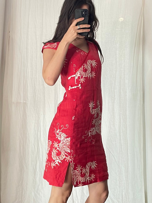 Vintage Linen Asian Oriental Red Dress M