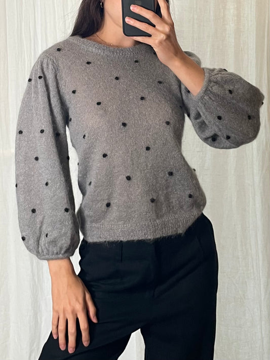 Gestuz Gray & Black Dot Wool Mohair Blend Puffed Sleeve Sweater S