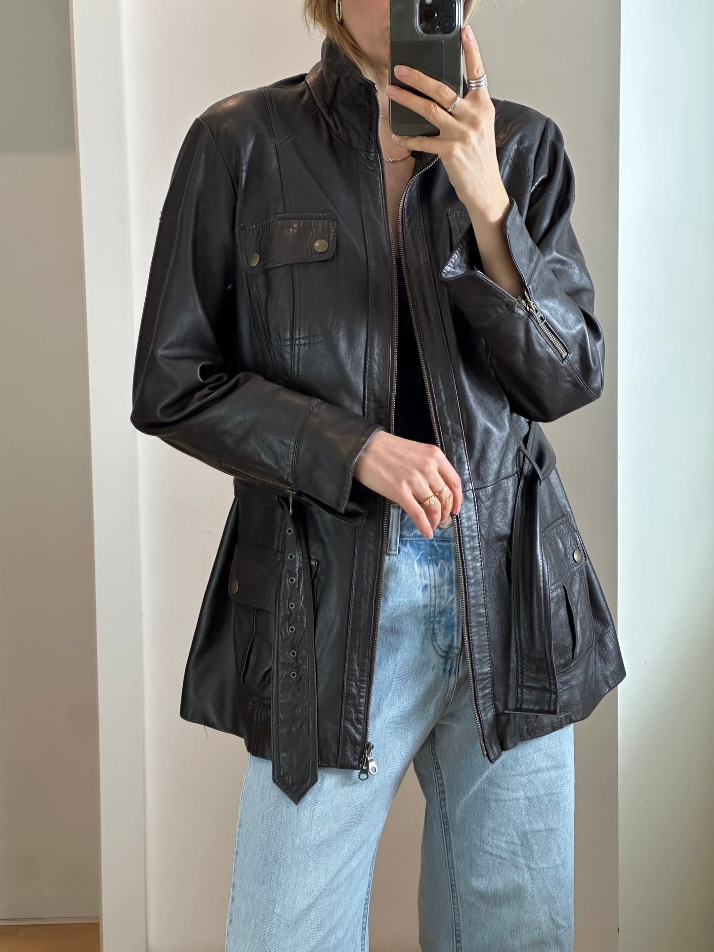 Vintage Belted Dark Brown Leather Jacket M/L