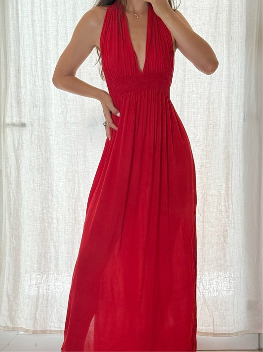 Bright Red Rayon Halter Maxi Dress S