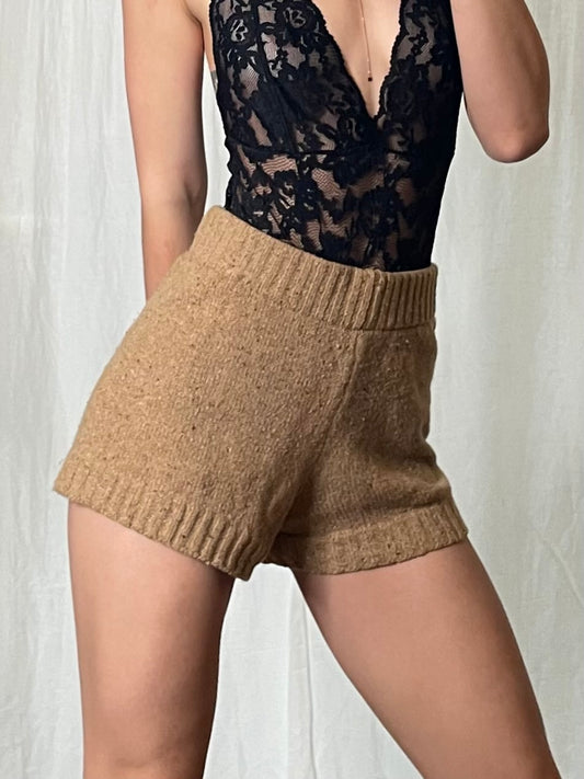 Camel High Waisted Shorts Speckled Wool Blend S