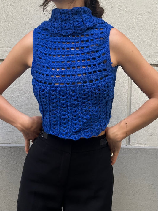 Vintage Royal Blue Handmade Knitted Crop Cardigan Bolero XS/S