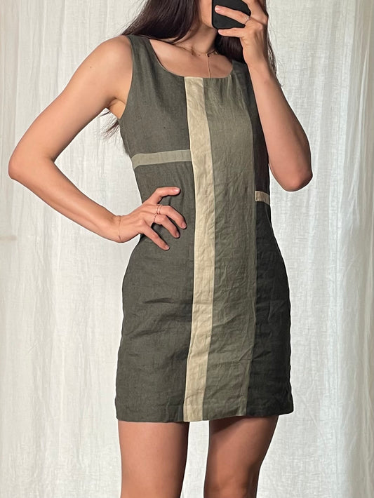 Vintage Linen Multi Color Moss Green Mini Dress S