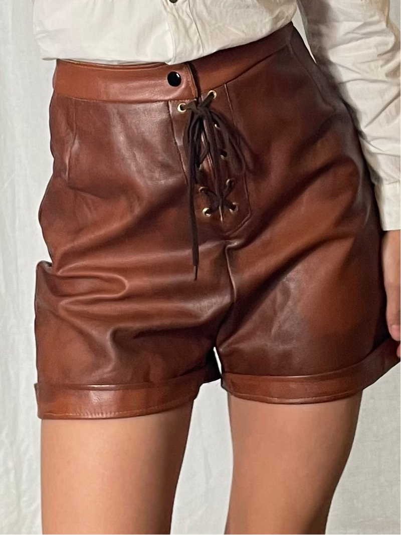 Vintage 100% Genuine Leather High Waisted Brown Lace Up Shorts XS EU 34