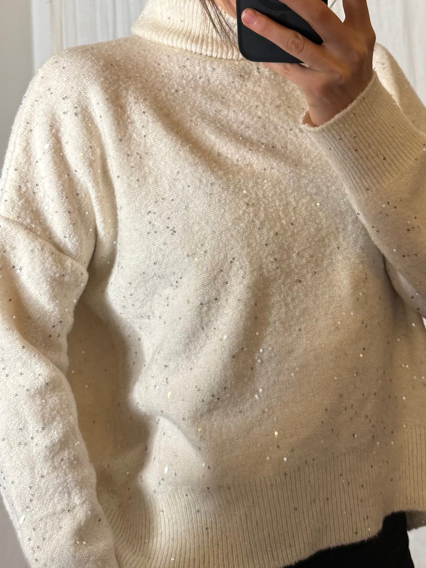 White Sparkly Sequin Turtleneck Sweater S