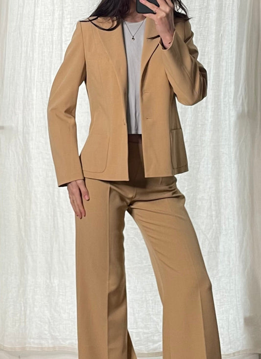 Vintage Stretchy Khaki Blazer Trousers Suit Set S/EU 36