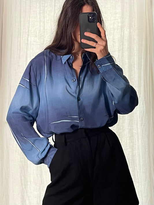 Vintage 100% Silk Blue Button Down Shirt Blouse M