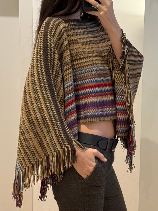 Vintage Missoni Wool Blend Muticolor Fringe Poncho One Size