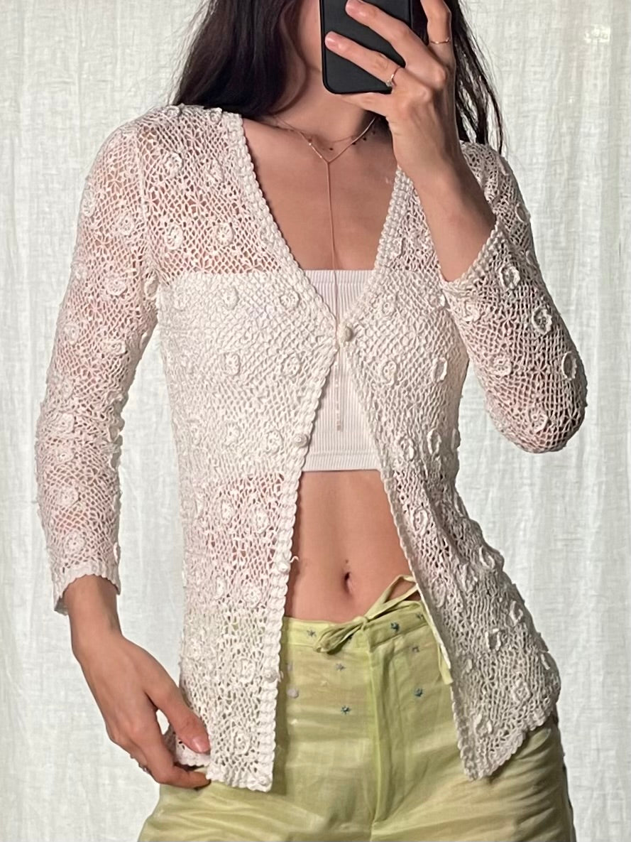 Vintage Off White Knitted Crochet Cardigan Top S