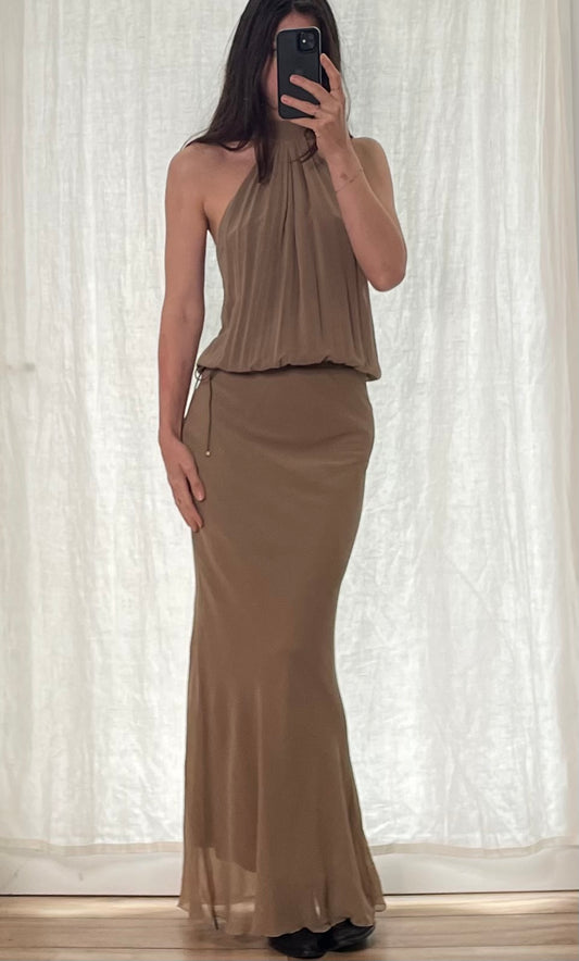 Brown 100% Silk Halter Drop Waist Maxi Dress S