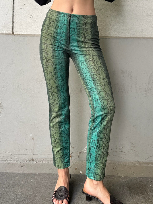 Vintage Y2K Green Teal Python Snake High Waisted Trousers S