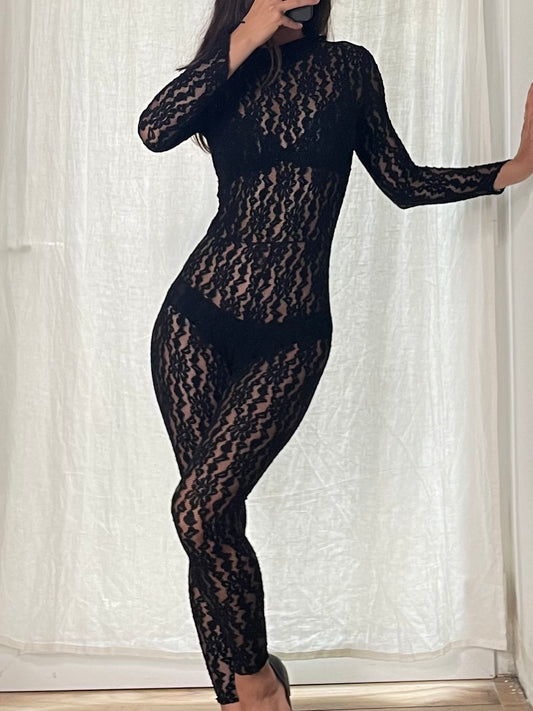 Vintage Black Lace Lingerie One Piece Cat Suit XS/S