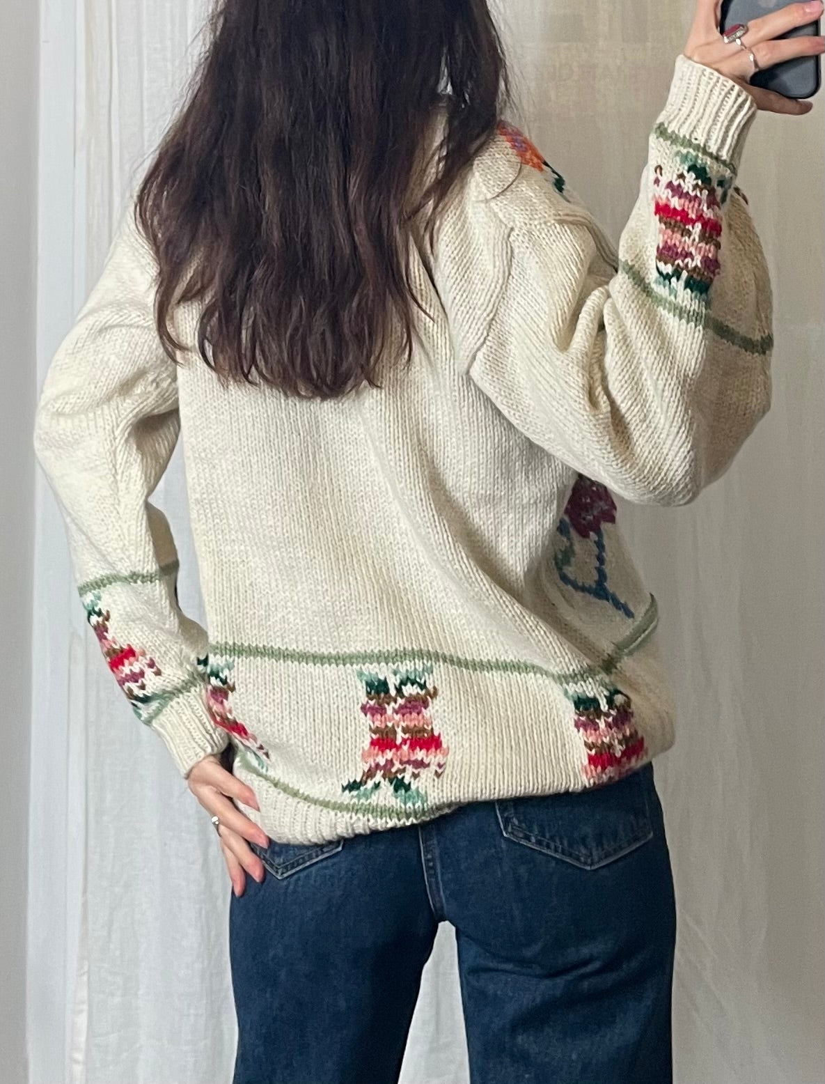 Vintage Wool Embroidered Wool Floral Handmade Cardigan Sweater M