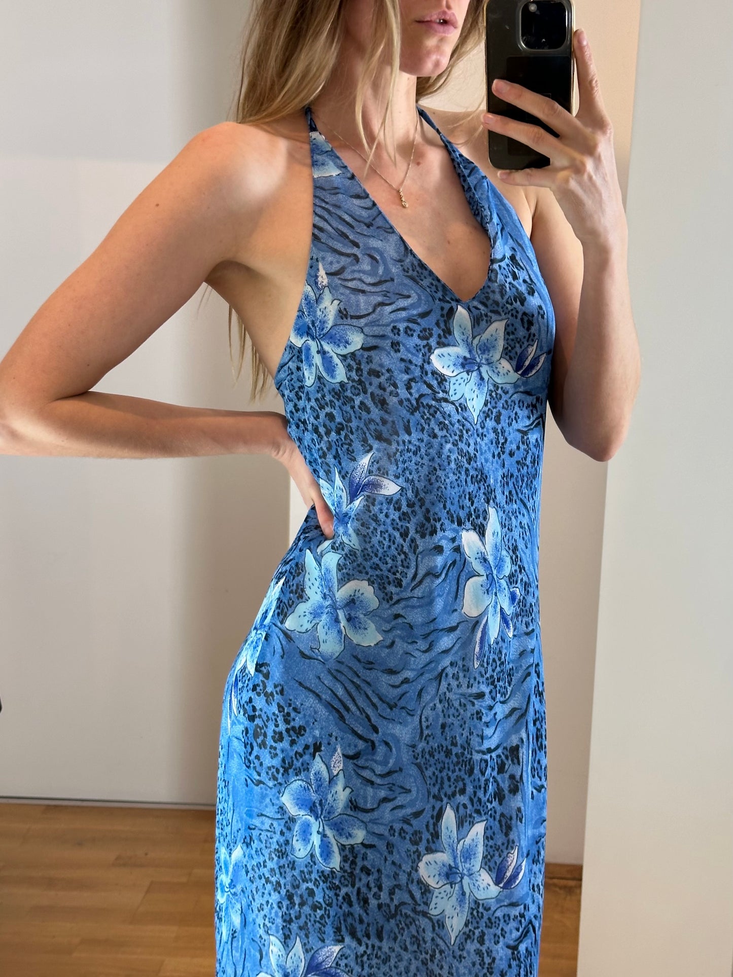 Vintage Floral Blue Maxi Dress M