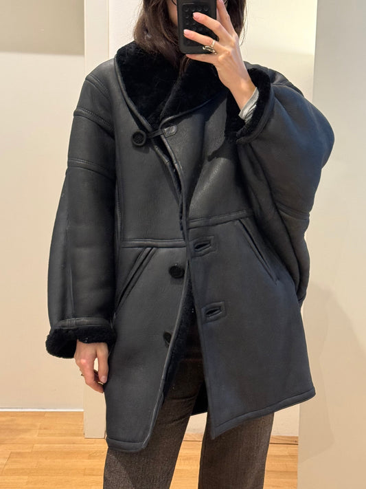 Vintage 100% Genuine Black Shearling Coat L