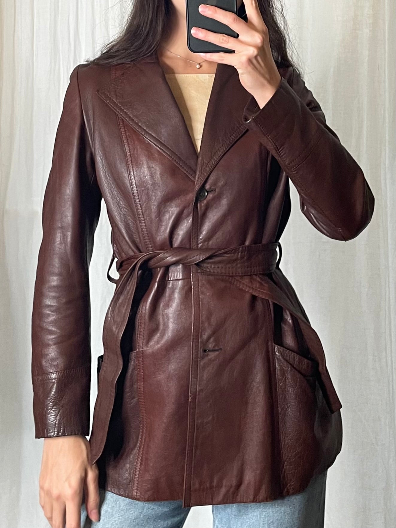 Vintage Brown 100% Genuine Leather Belted Jacket S