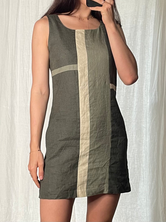 Vintage Linen Multi Color Moss Green Mini Dress S