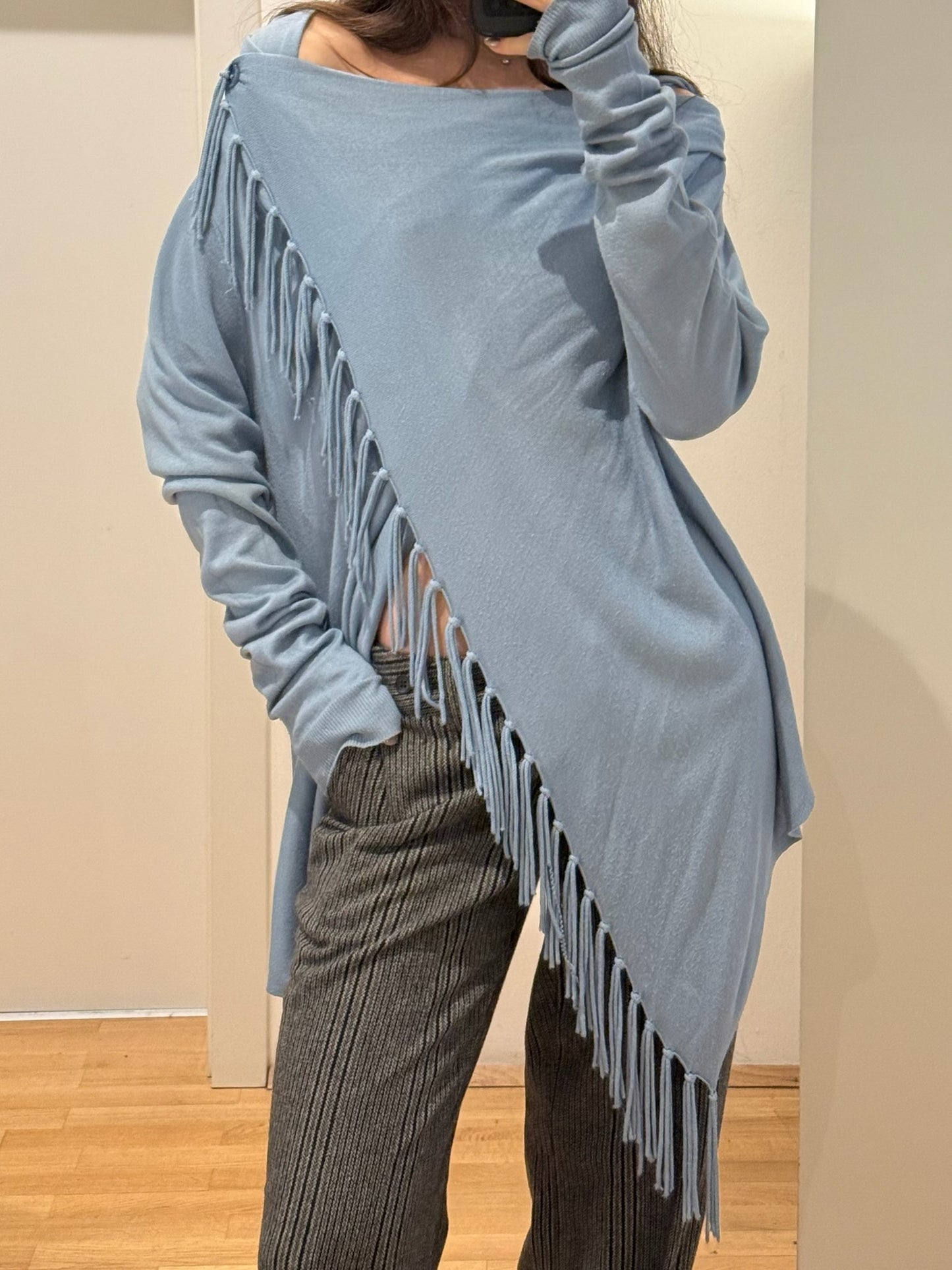 Jones Light Blue Viscose Blend Tassel/Fringe Asymmetrical Top L