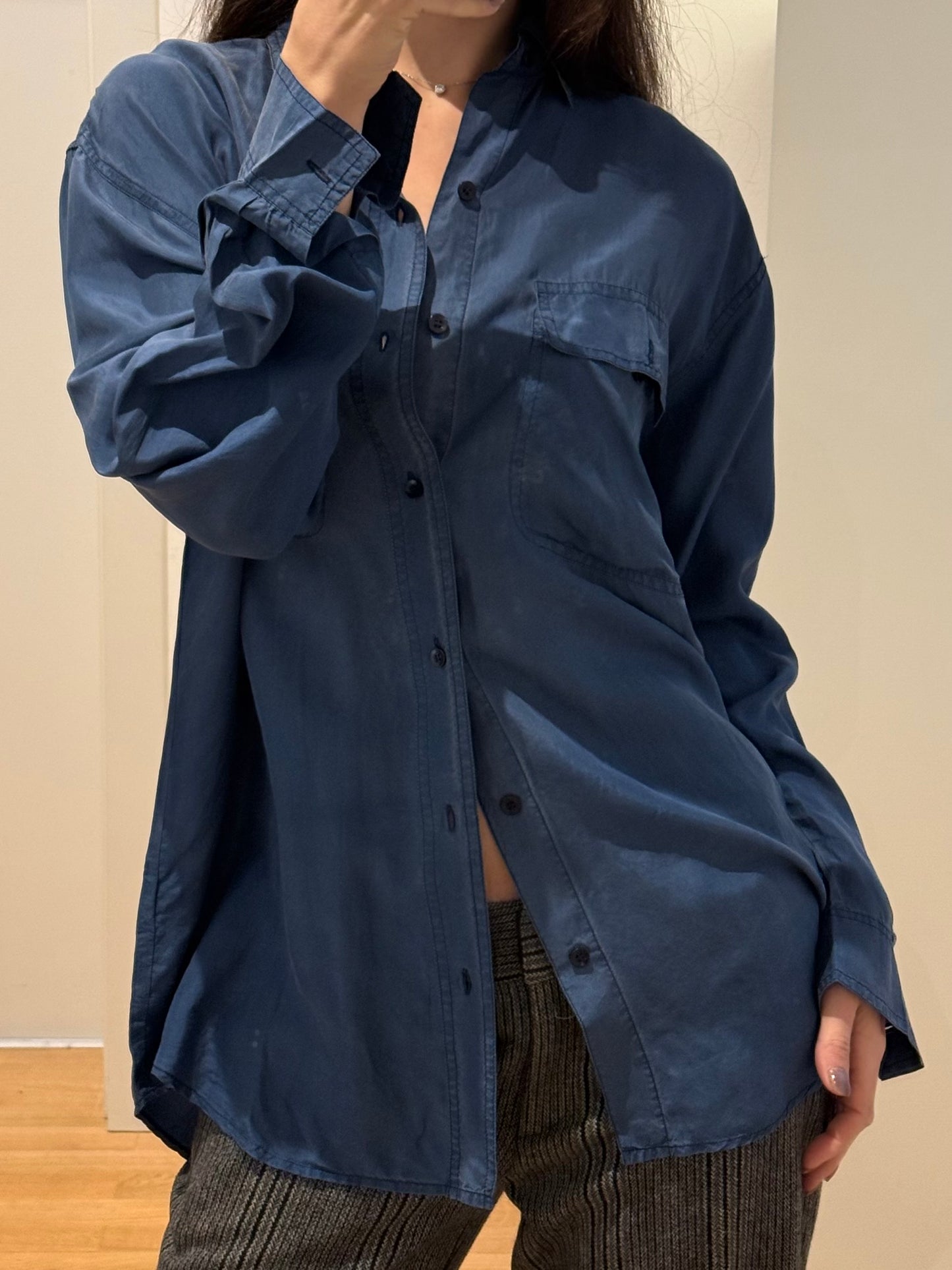 Vintage 100% Silk Blue Button Down Blouse M/L