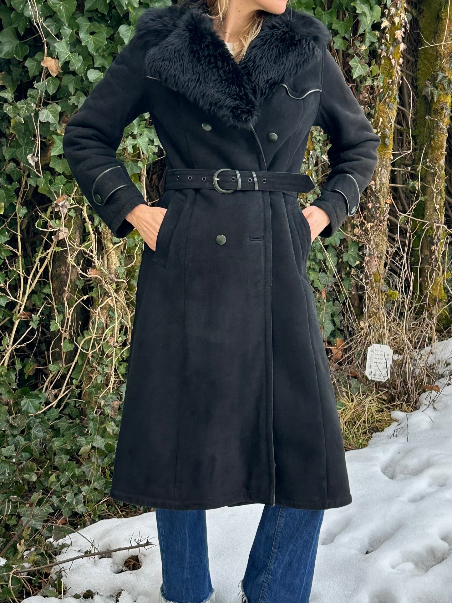 Vintage Black Shearling Coat S
