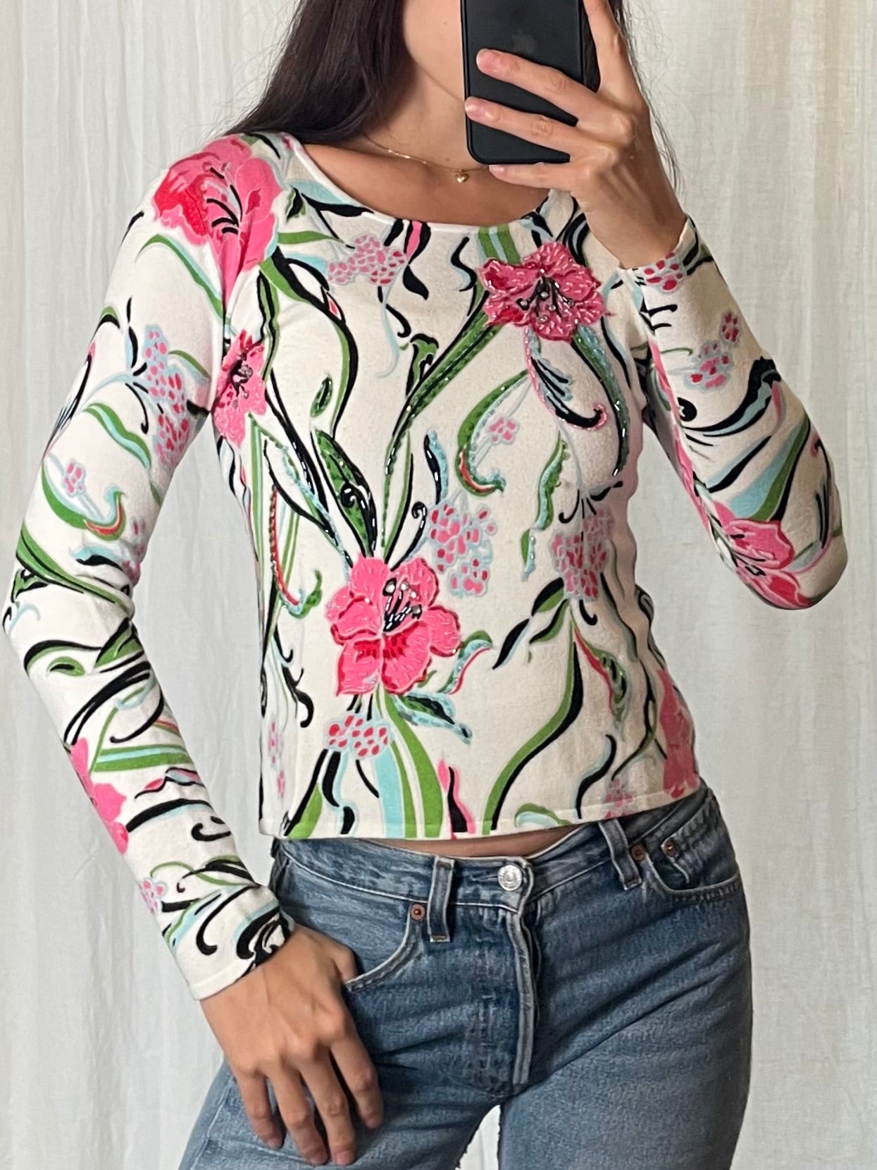 Vintage Floral Sequin Long Sleeve Top S