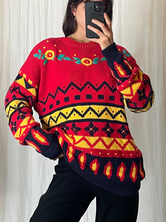 Vintage 100% Cotton Red Yellow Navy Pullover Knitted Sweater M