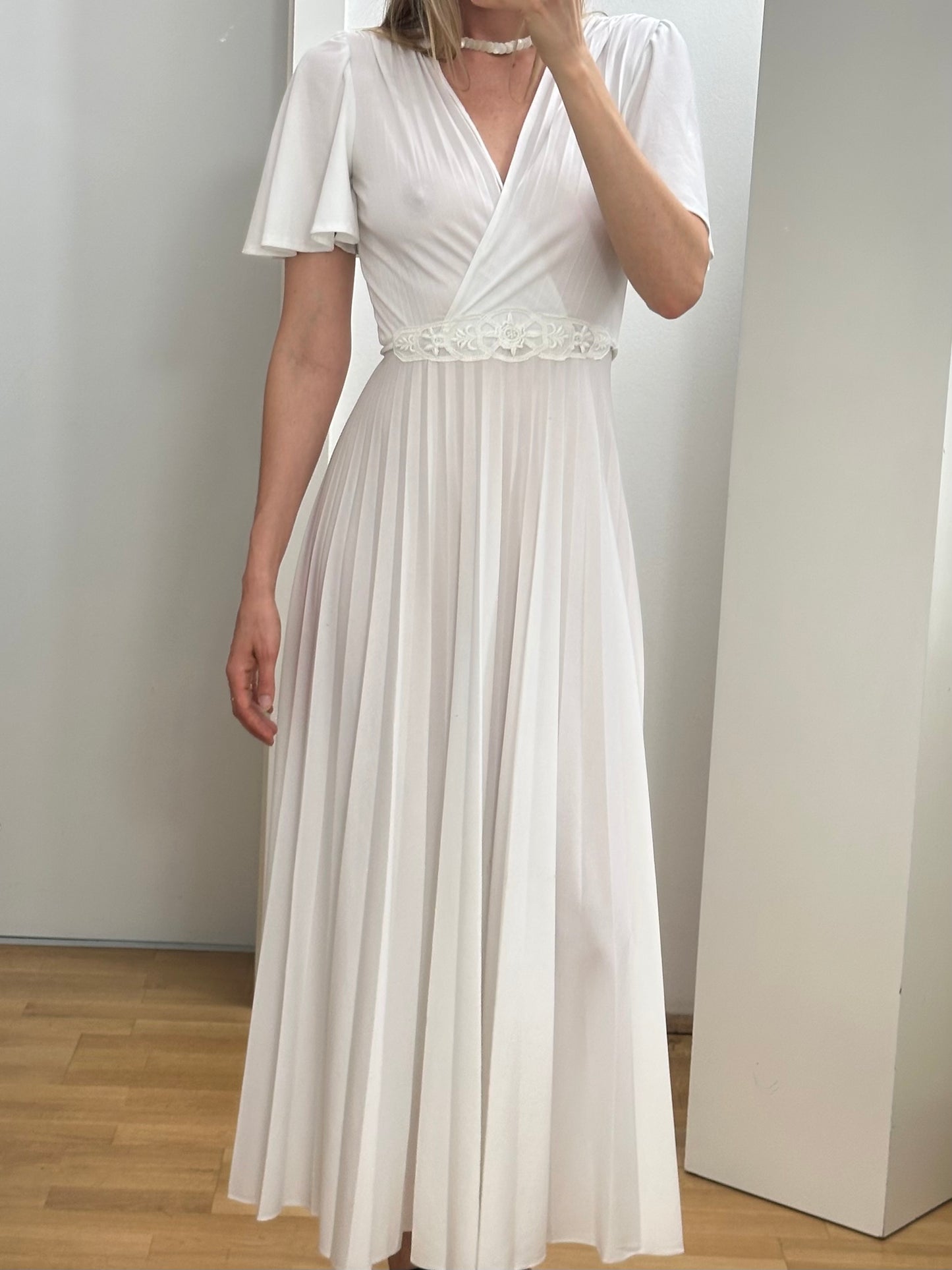 Vintage Pleated White Maxi Gown Dress S
