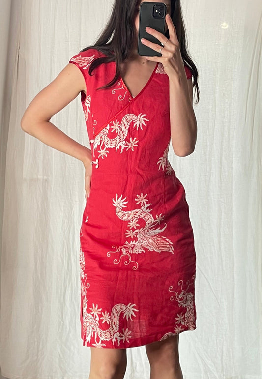 Vintage Linen Asian Oriental Red Dress M