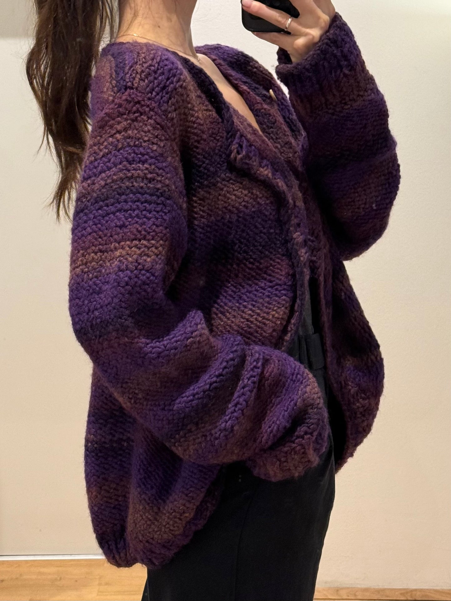 Vintage Wool Handmade Purple Stripe Cardigan Sweater L