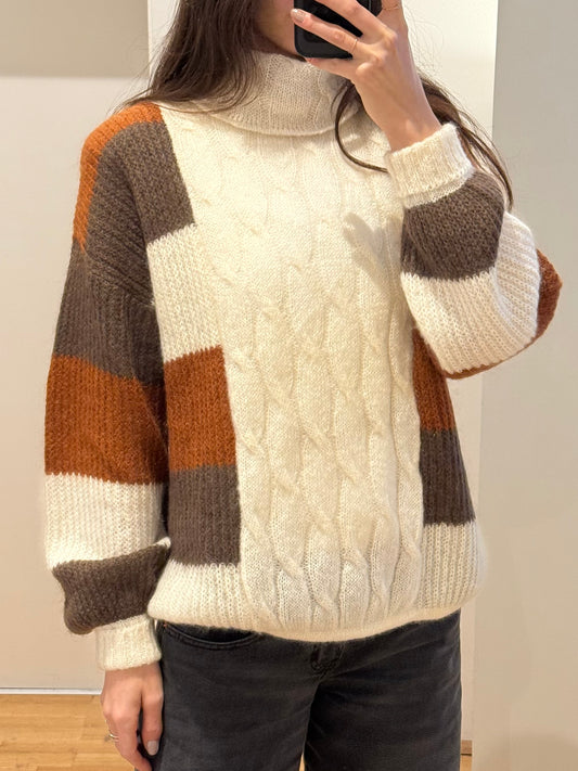 Vintage Wool Cable Knit Color Block Turtleneck Sweater M/L