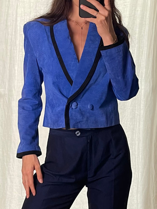 Vintage 100% Genuine Leather Blue Suede Cropped Blazer Jacket S/M