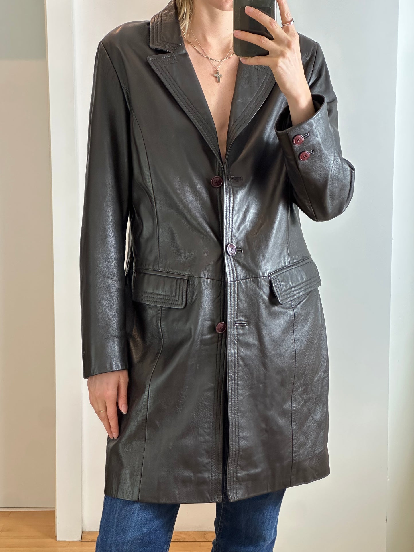 Vintage Dark Brown Leather Coat L