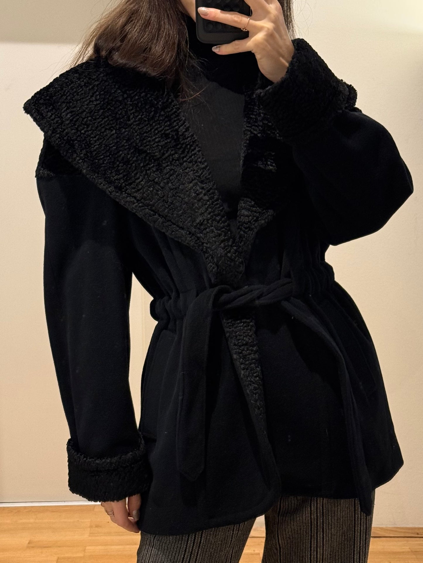 Vintage Black Wool Blend Belted Short Coat M