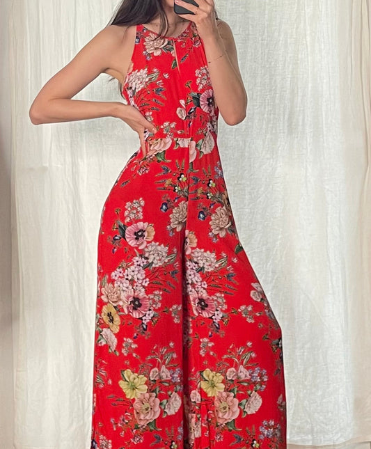 100% Viscose Red Floral Print Jumpsuit S