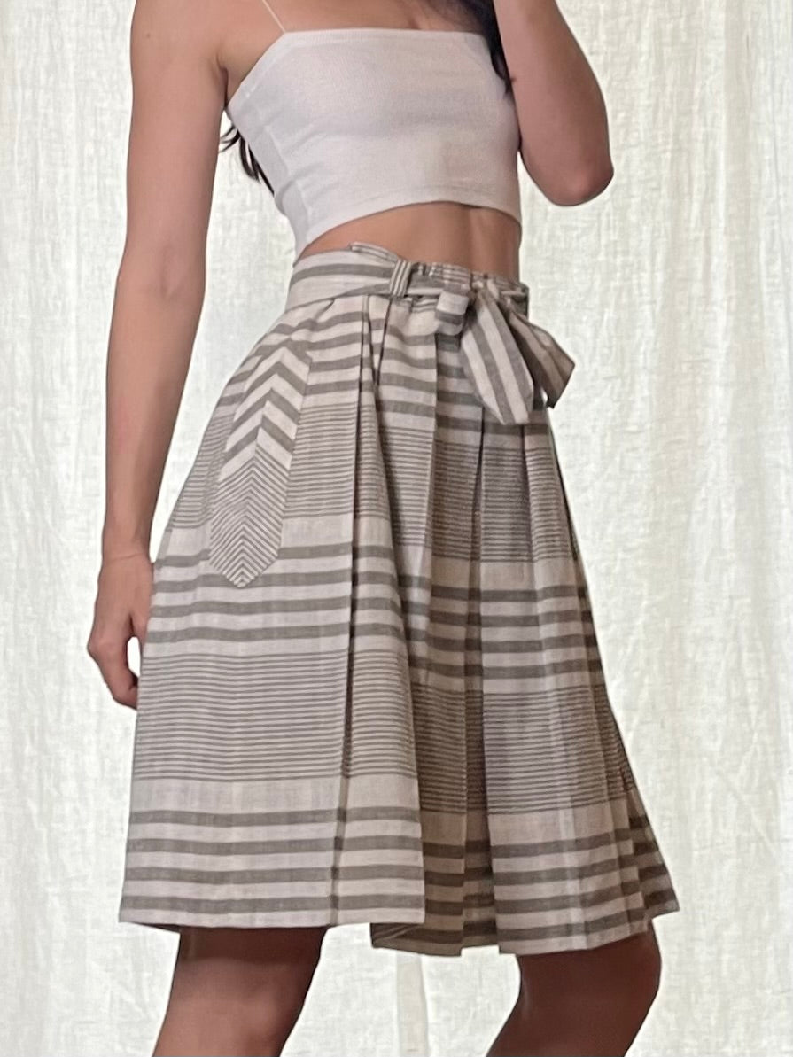 Vintage Pleated Striped Skirt Cream & Gray S