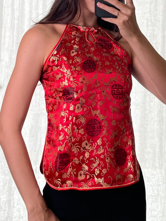 Vintage 100% Silk Red Asian/Oriental Top XS/S