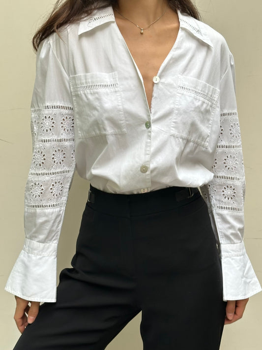 Vintage 100% Cotton White Embroidered Long Sleeve Collared Shirt S/M