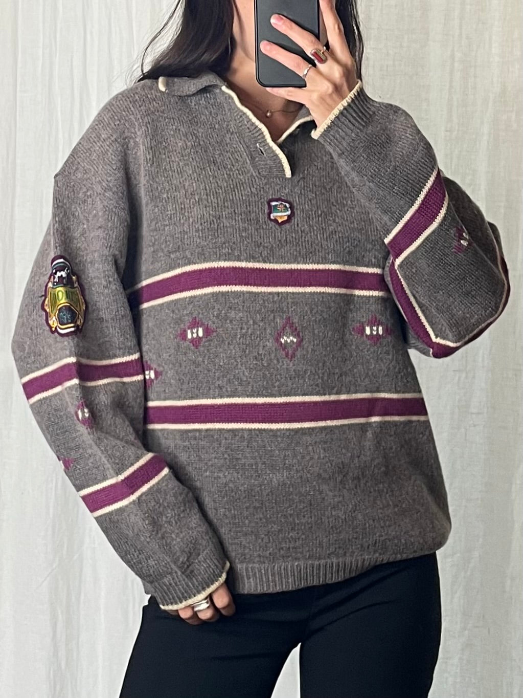 Vintage Wool Blend Gray & Purple Varsity Collared Sweater M