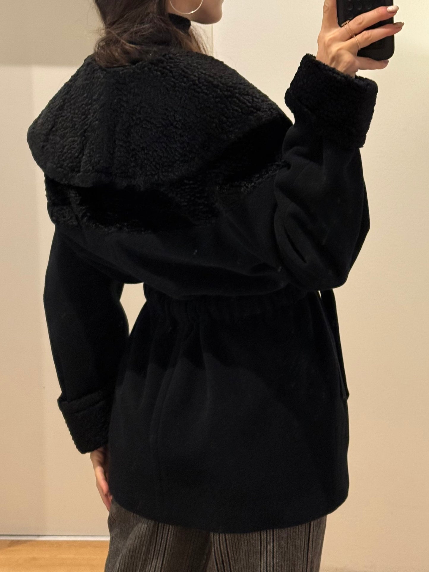 Vintage Black Wool Blend Belted Short Coat M