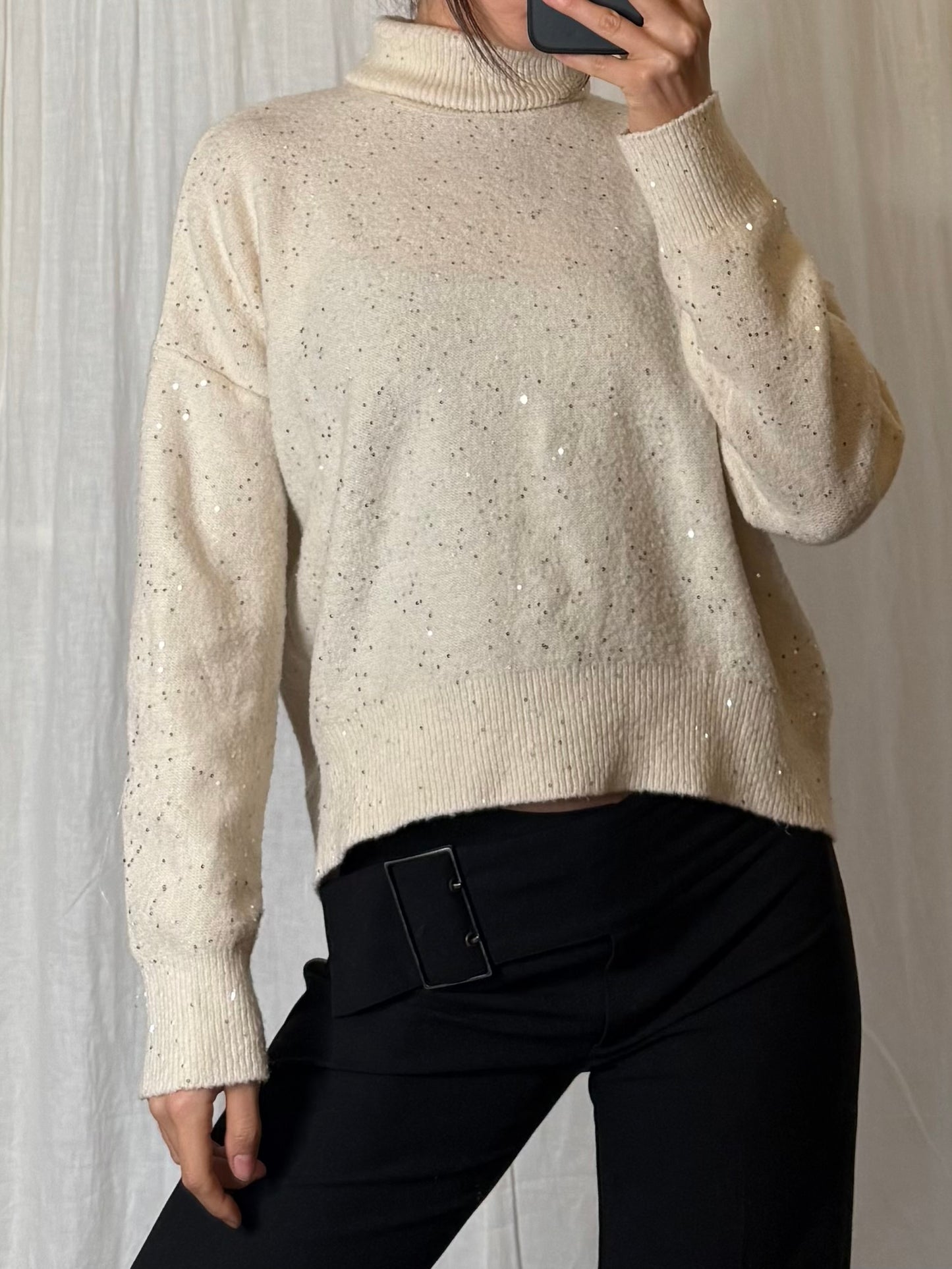 White Sparkly Sequin Turtleneck Sweater S