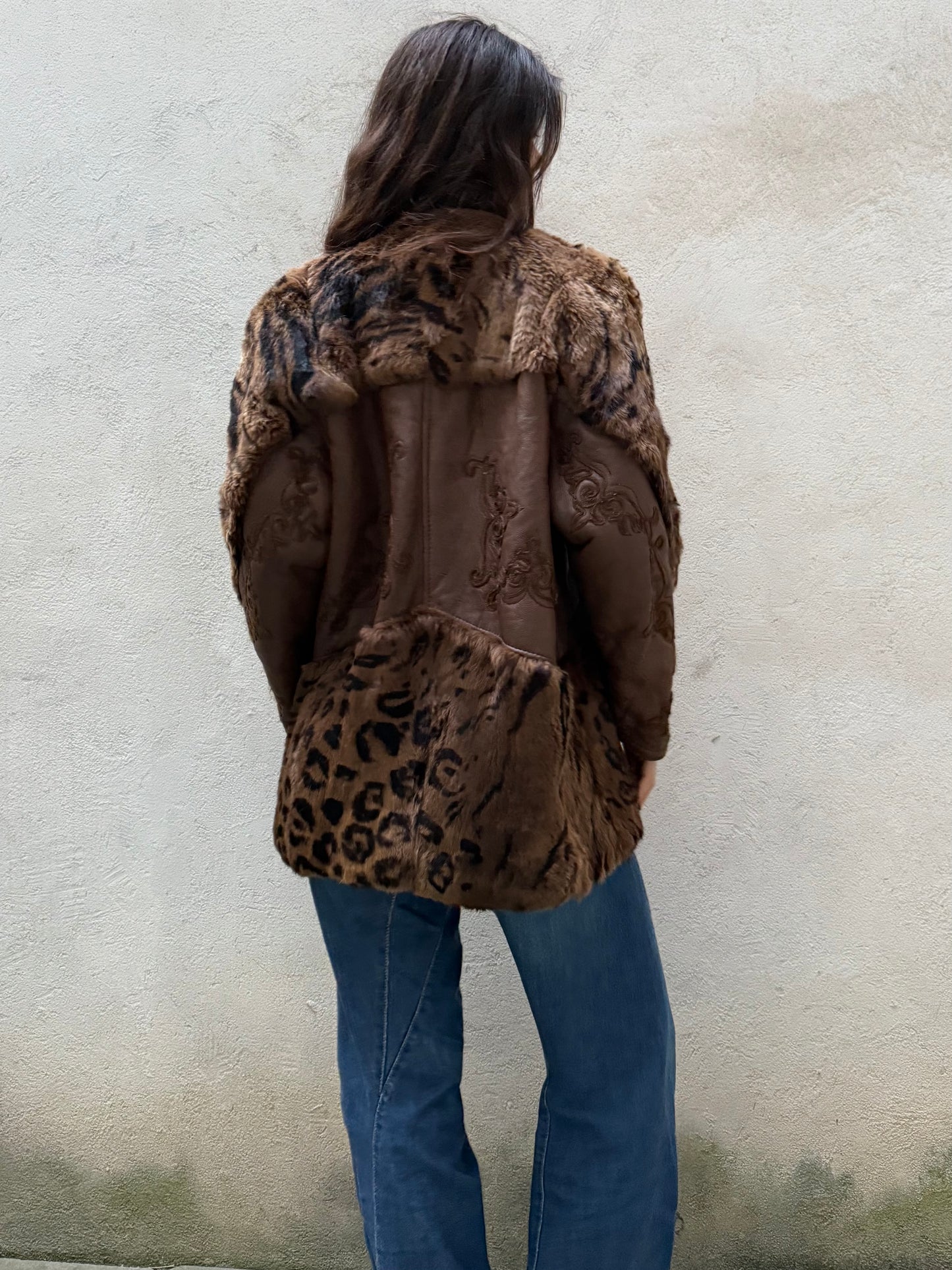 Vintage Tiger/Cheetah Real Lamb Shearling & Fur Brown Embroidered Coat