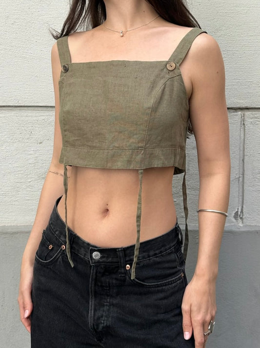 Vintage Olive Green Strappy Button Back Crop Top M