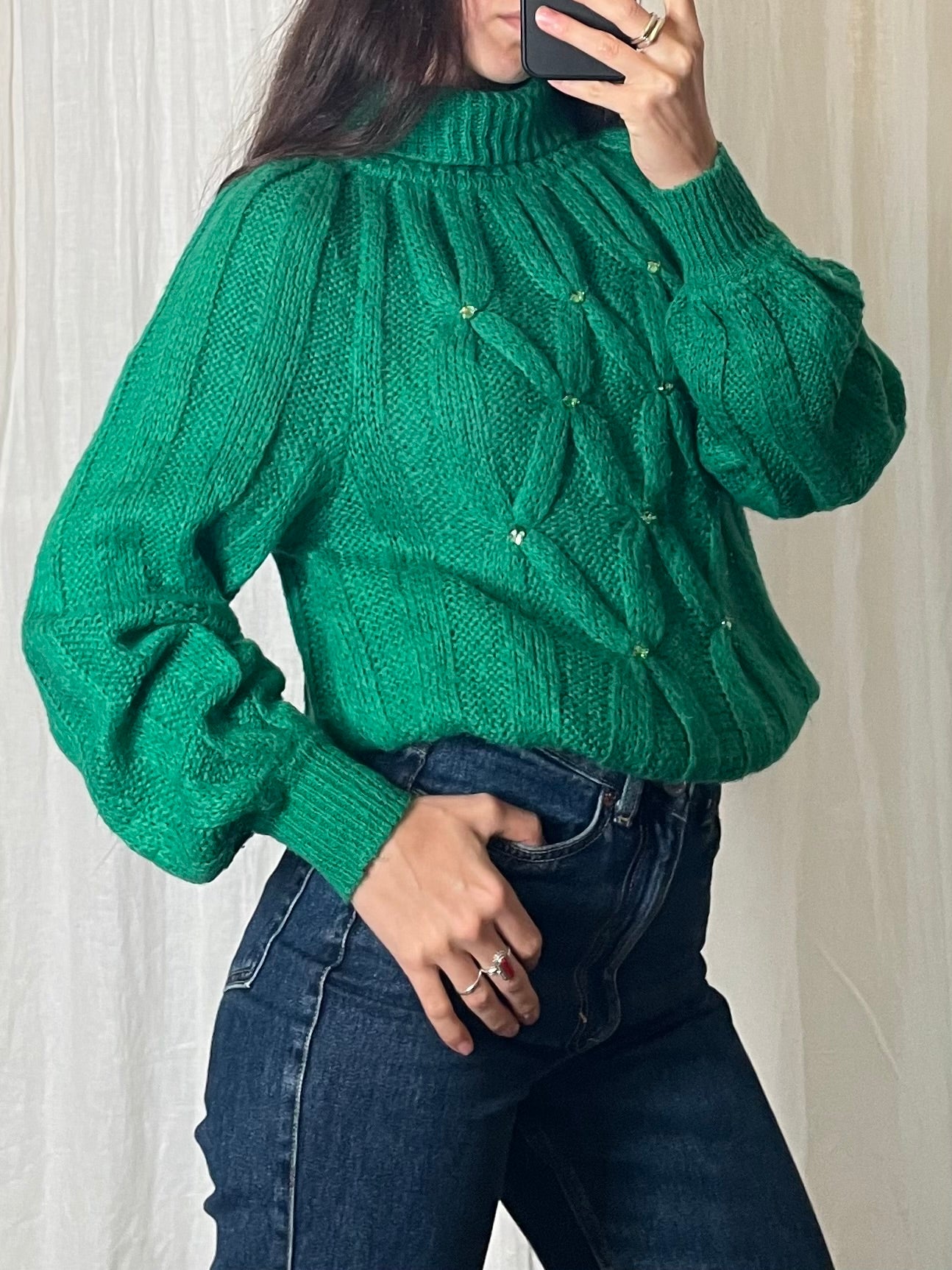 Vintage Emerald Green Mohair Cable Knit Rhinestone Turtleneck Sweater M