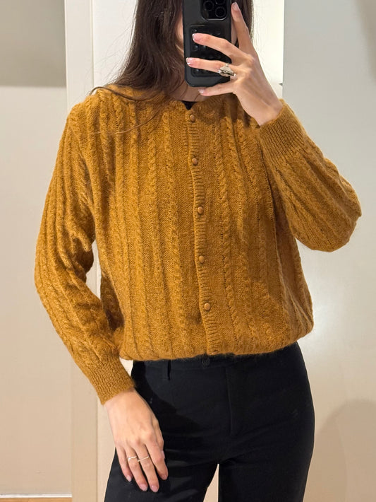 Vintage Mustard Yellow Mohair Knitted Cardigan Sweater M