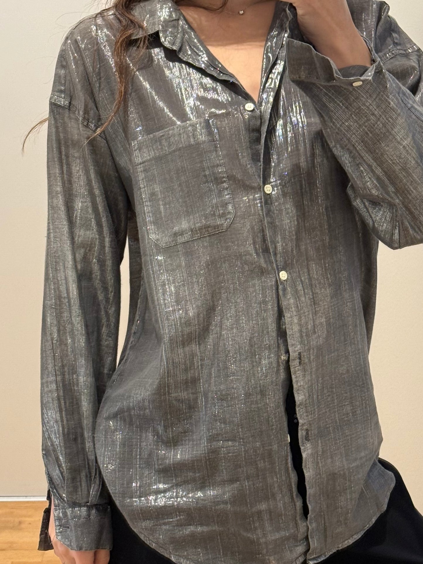Vintage Gunmetal Gray/Silver Metallic Button Down Blouse Top M