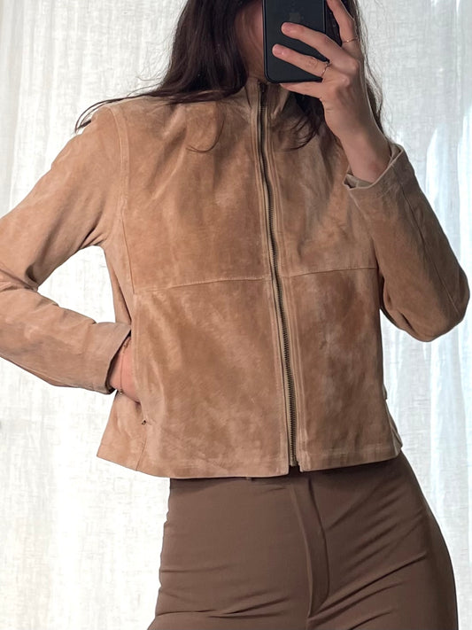 Vintage 100% Genuine Suede Leather Jacket Brown Khaki S