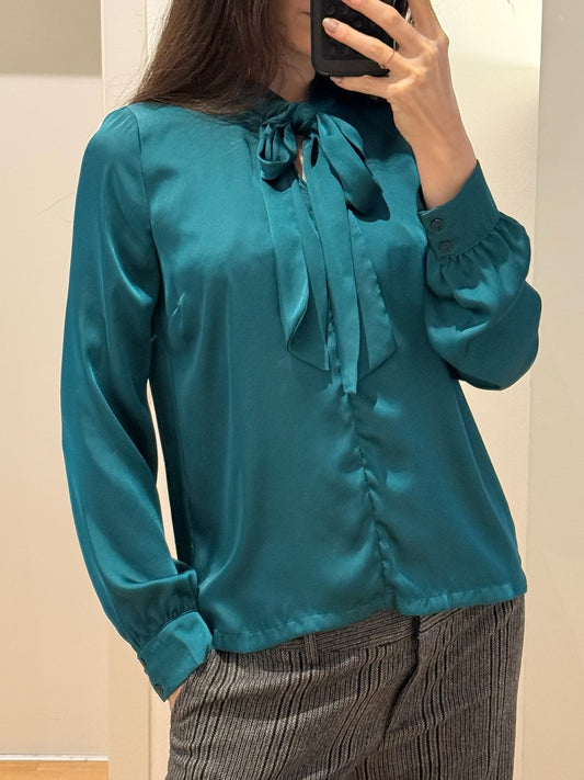 Vintage 100% Silk Teal Bow Long Sleeve Blouse S