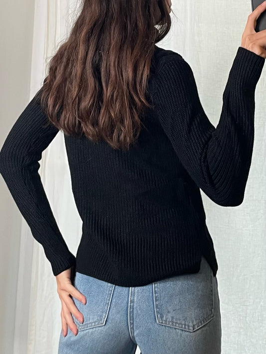 Black Ribbed Cable Knit High Neck Sweater S