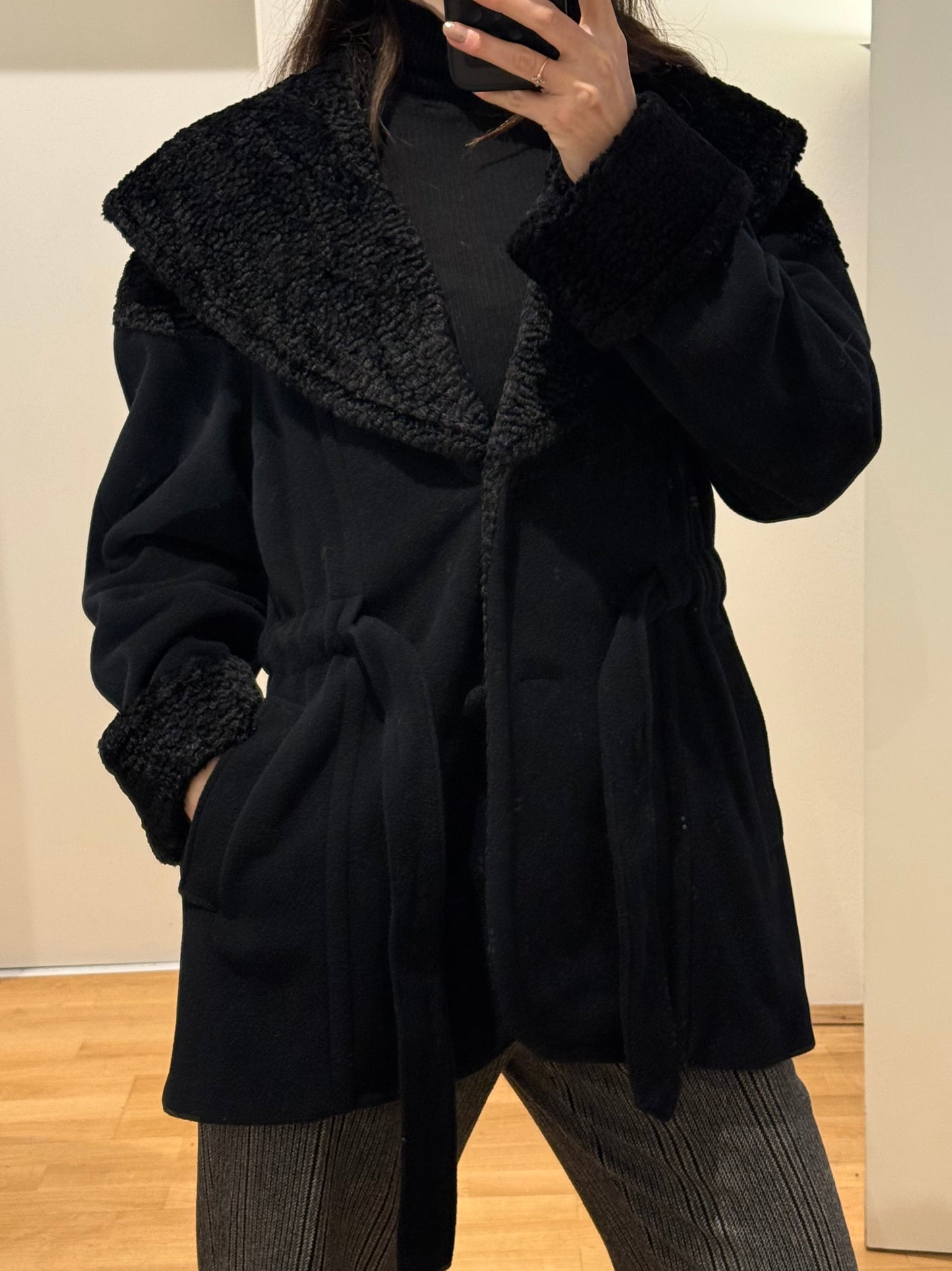 Vintage Black Wool Blend Belted Short Coat M