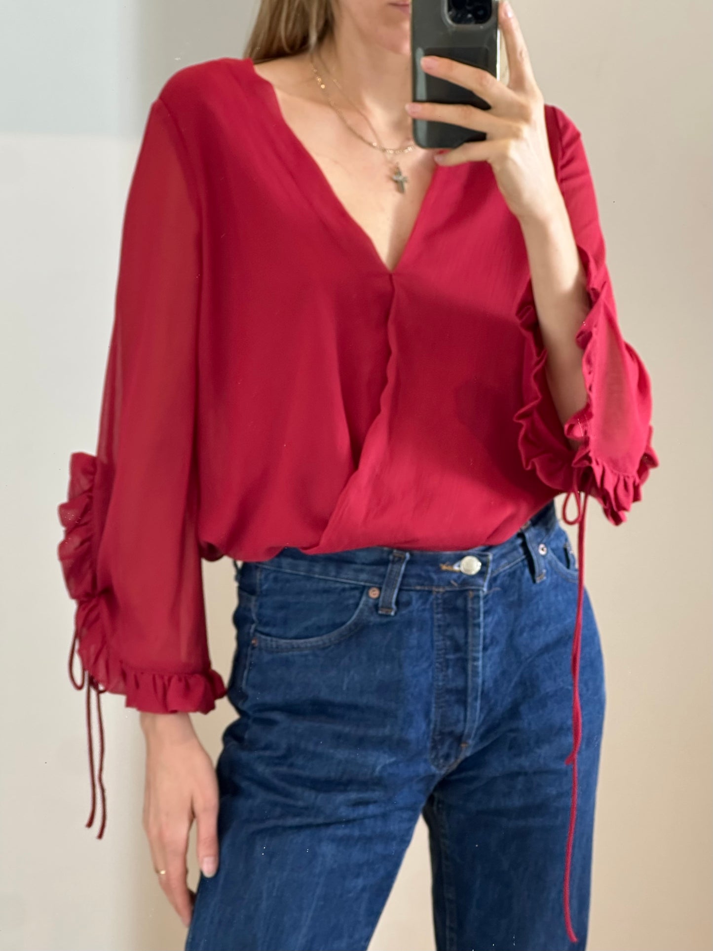 Red Frills Sleeves Blouse M
